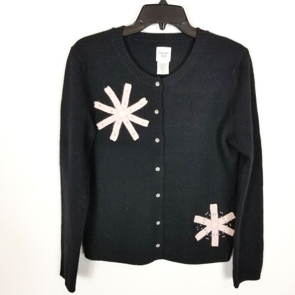 Garnet Hill women black button down snowflake sweater Size S Wool Angora